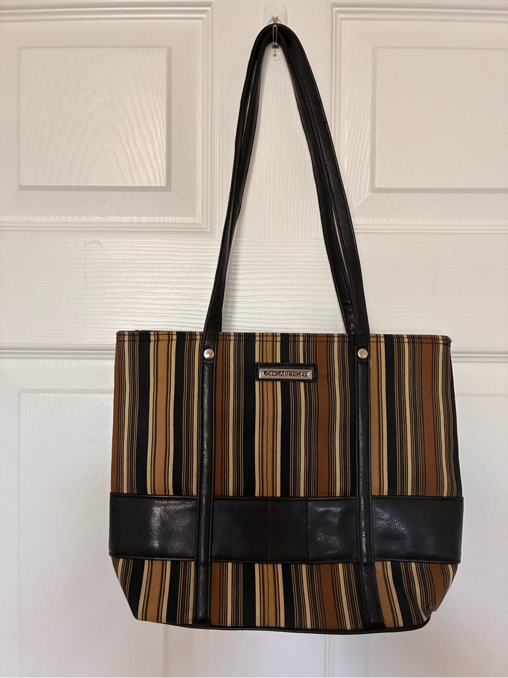Longaberger Homestead Tote Bag Handbag Purse Black, Brown, Tan Stripe